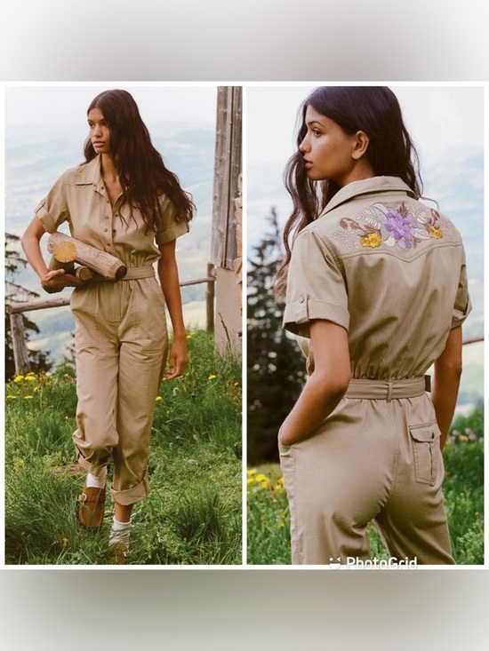 Spell Pants - Spell Foxglove Embroidered Boilersuit Jumpsuit Size Medium Khaki Organic Cotton